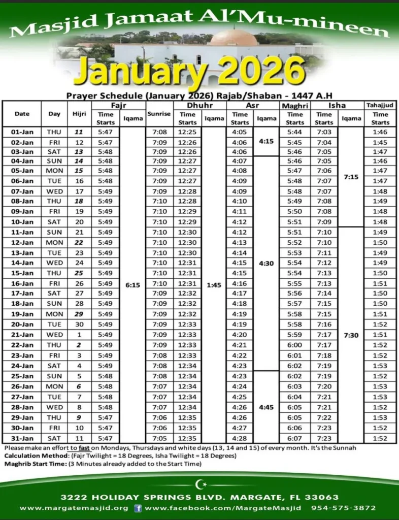 Prayer schedule for January