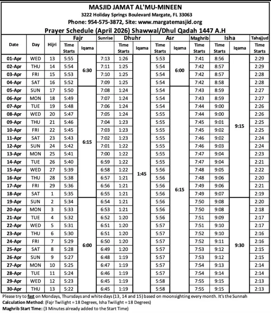 Prayer Schedule April