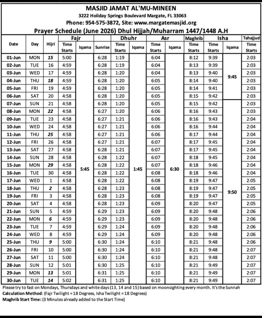 Prayer Schedule June