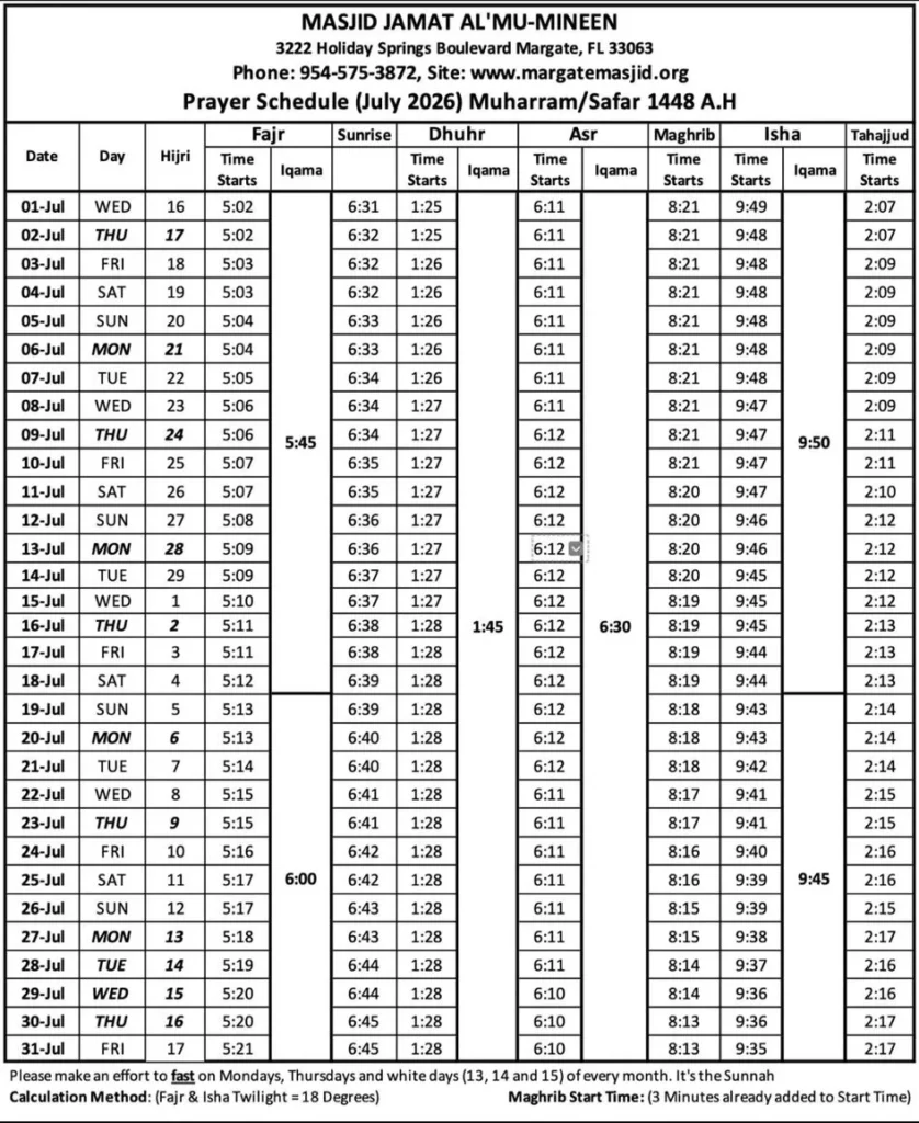 July Prayer Schedule