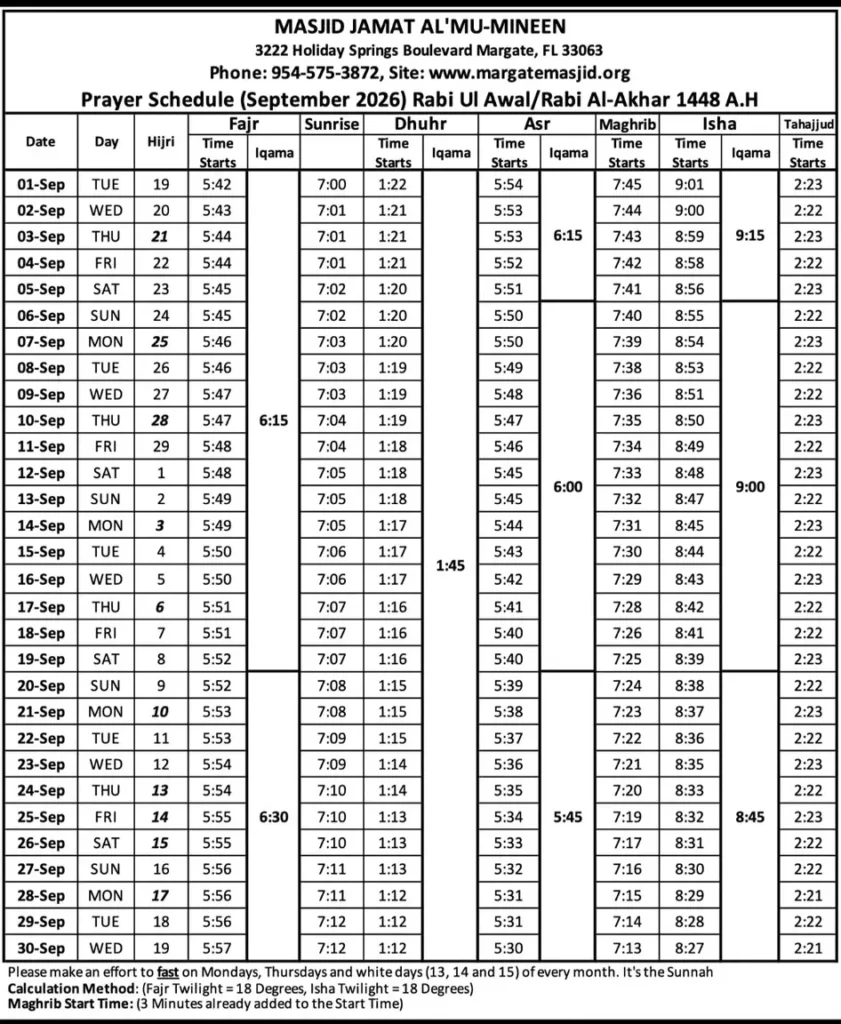 September Prayer Schedule
